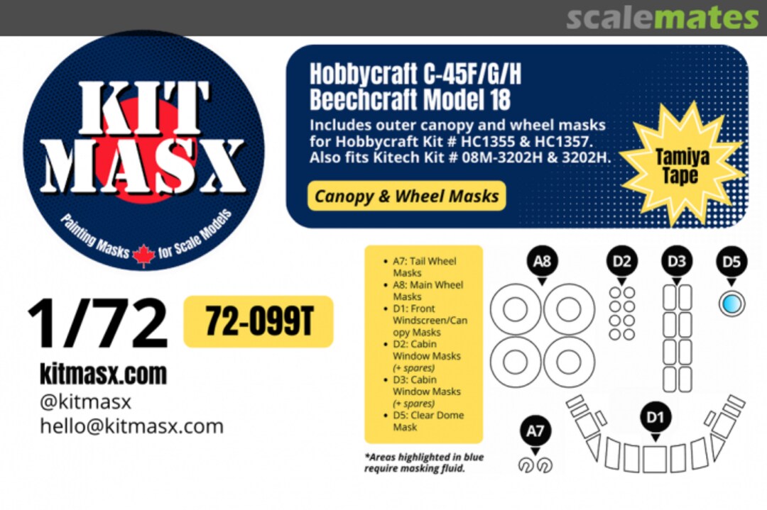 Boxart C-45F/H/G Beechcraft Model 18, canopy & wheel masks 72-099T Kit Masx
