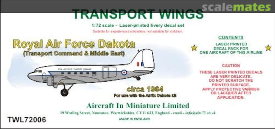 Boxart Royal Air Force Dakota (Transport Command & Middle East) (circa 1964) decal set. TWL72006 Aircraft In Miniature Ltd Boxart Royal Air Force Dakota (Transport Command & Middle East) (circa 1964) decal set. TWL72006 Aircraft In Miniature Ltd