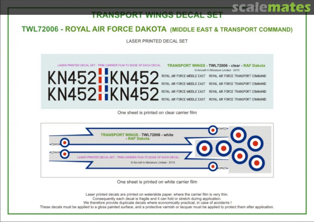 Contents Royal Air Force Dakota (Transport Command & Middle East) (circa 1964) decal set. TWL72006 Aircraft In Miniature Ltd Contents Royal Air Force Dakota (Transport Command & Middle East) (circa 1964) decal set. TWL72006 Aircraft In Miniature Ltd