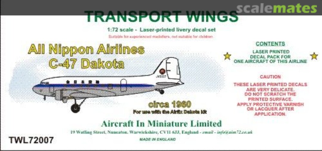 Boxart All Nippon Airways C-47 Dakota (circa 1960) decal set. TWL72007 Aircraft In Miniature Ltd Boxart All Nippon Airways C-47 Dakota (circa 1960) decal set. TWL72007 Aircraft In Miniature Ltd