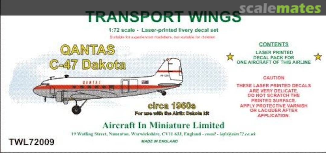 Boxart QANTAS C-47 Dakota (circa 1960) decal set. TWL72009 Aircraft In Miniature Ltd Boxart QANTAS C-47 Dakota (circa 1960) decal set. TWL72009 Aircraft In Miniature Ltd