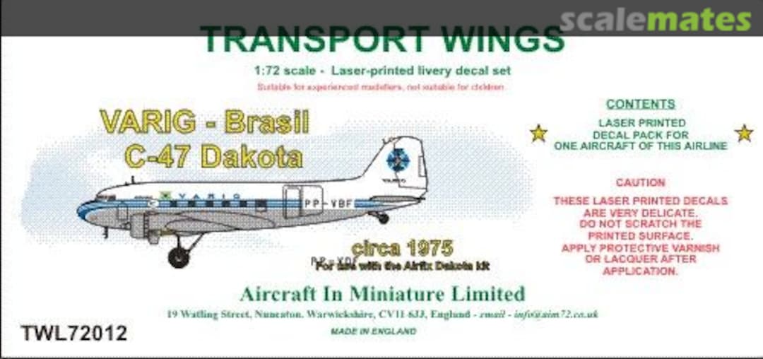 Boxart VARIG (Brasil) C-47 Dakota (circa 1965) decal set. TWL72012 Aircraft In Miniature Ltd Boxart VARIG (Brasil) C-47 Dakota (circa 1965) decal set. TWL72012 Aircraft In Miniature Ltd