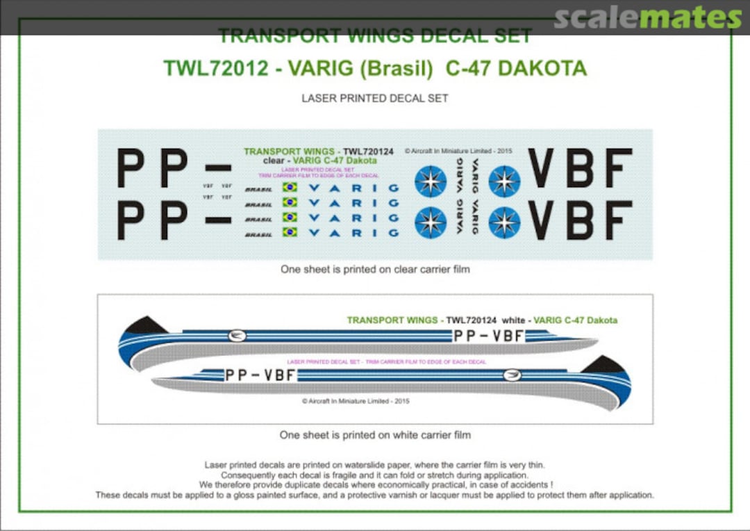 Contents VARIG (Brasil) C-47 Dakota (circa 1965) decal set. TWL72012 Aircraft In Miniature Ltd Contents VARIG (Brasil) C-47 Dakota (circa 1965) decal set. TWL72012 Aircraft In Miniature Ltd