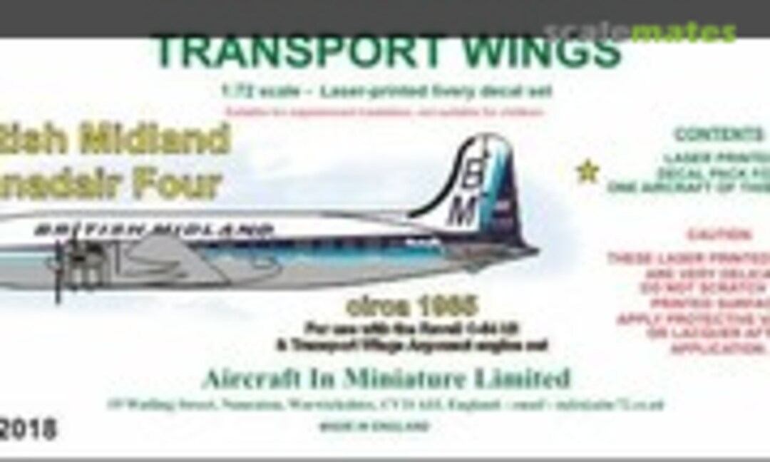 1:72 British Midland Canadair C-4 (circa 1963) decal set. (Aircraft In Miniature Ltd TWL72018) TWL72018