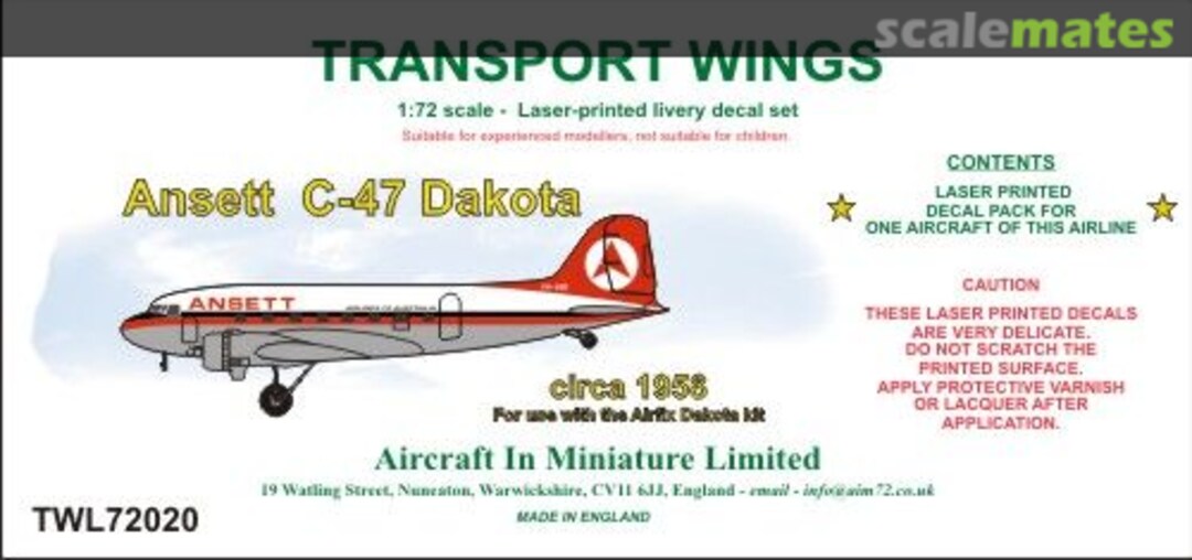 Boxart Ansett C-47A Dakota (circa 1958) decal set. TWL72020 Aircraft In Miniature Ltd
