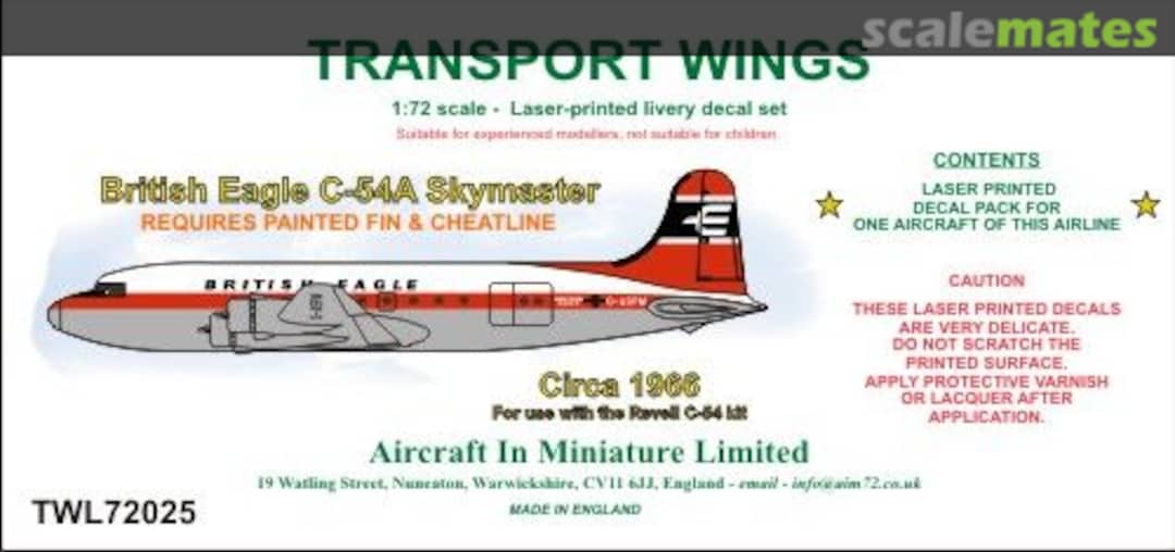 Boxart British Eagle Douglas C-54A Skymaster (circa 1966) decal set. TWL72025 Aircraft In Miniature Ltd Boxart British Eagle Douglas C-54A Skymaster (circa 1966) decal set. TWL72025 Aircraft In Miniature Ltd