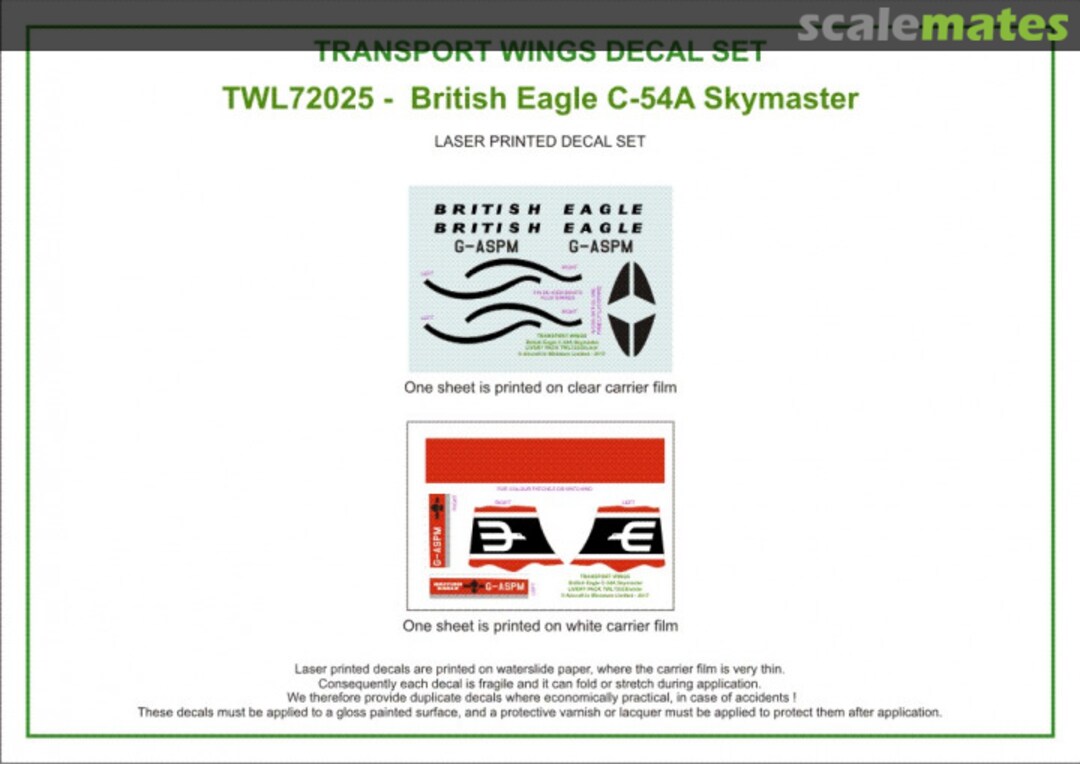 Contents British Eagle Douglas C-54A Skymaster (circa 1966) decal set. TWL72025 Aircraft In Miniature Ltd Contents British Eagle Douglas C-54A Skymaster (circa 1966) decal set. TWL72025 Aircraft In Miniature Ltd
