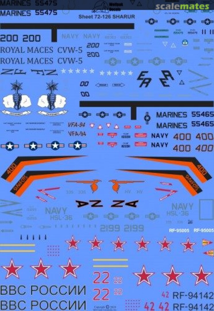 Boxart SHARUR OV-10 F/A-18 Su-34 Tu-22M 72-126 Wolfpak Decals