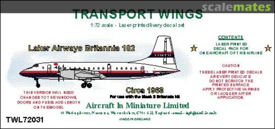Boxart Laker Airways Bristol Britannia 102 (circa 1968) decal set TWL72031 Aircraft In Miniature Ltd Boxart Laker Airways Bristol Britannia 102 (circa 1968) decal set TWL72031 Aircraft In Miniature Ltd