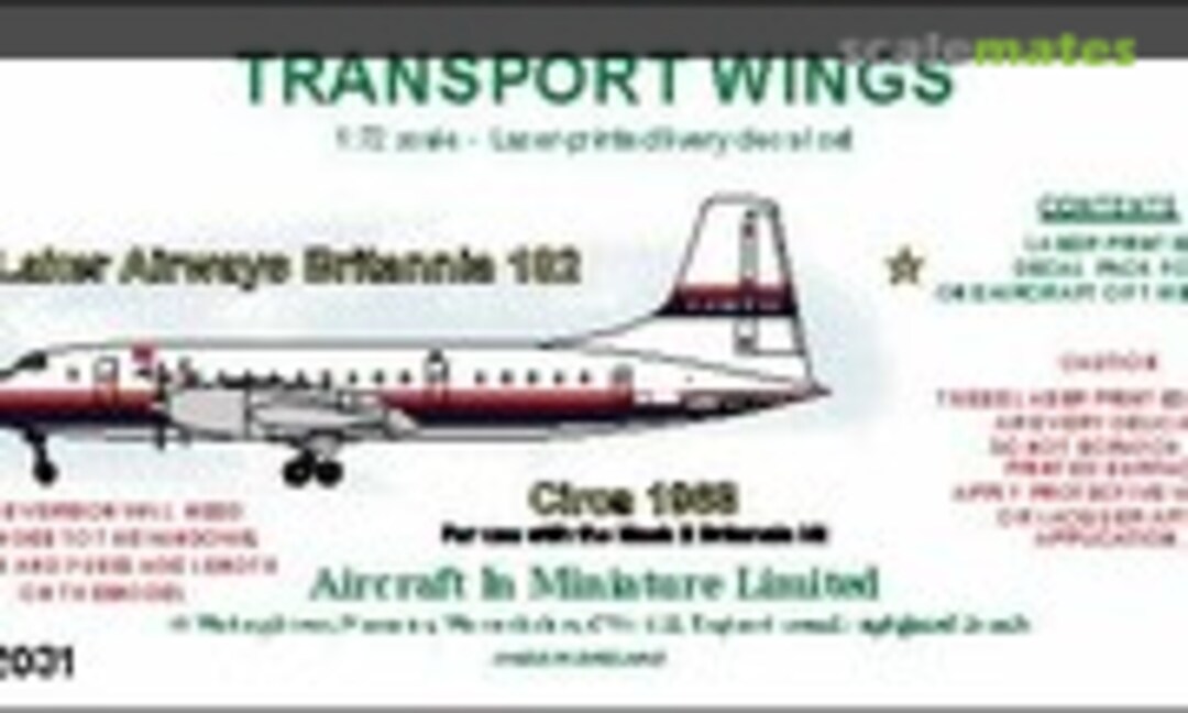 1:72 Laker Airways Bristol Britannia 102 (circa 1968) decal set (Aircraft In Miniature Ltd TWL72031) TWL72031