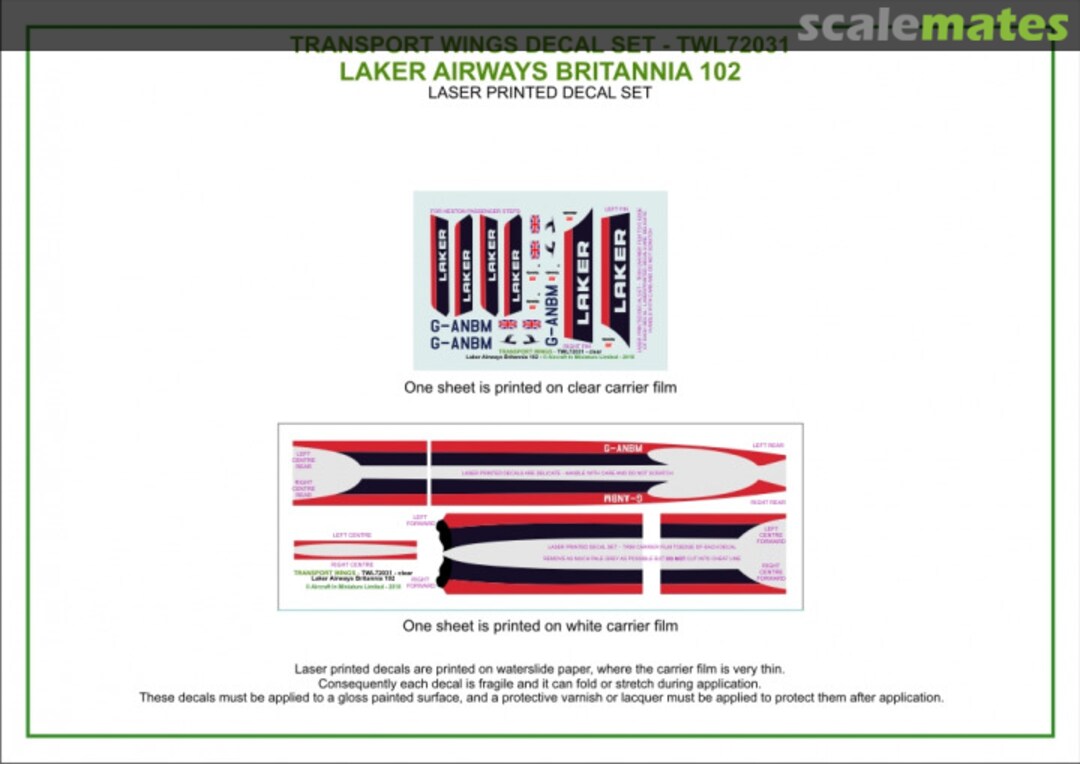 Contents Laker Airways Bristol Britannia 102 (circa 1968) decal set TWL72031 Aircraft In Miniature Ltd Contents Laker Airways Bristol Britannia 102 (circa 1968) decal set TWL72031 Aircraft In Miniature Ltd