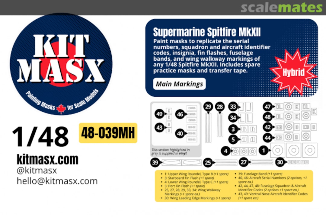 Boxart Supermarine Spitfire Mk.XII, main markings masks 48-039MH Kit Masx Boxart Supermarine Spitfire Mk.XII, main markings masks 48-039MH Kit Masx