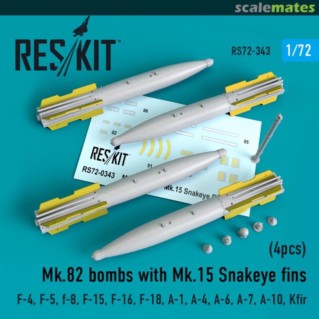Boxart Mk.82 bombs with Mk.15 Snakeye fins (4pcs) (F-4, F-5, F-8, F-15, F-16, F-18, A-1, A-4, A-6, A-7, A-10, Kfir) RS72-0343 ResKit