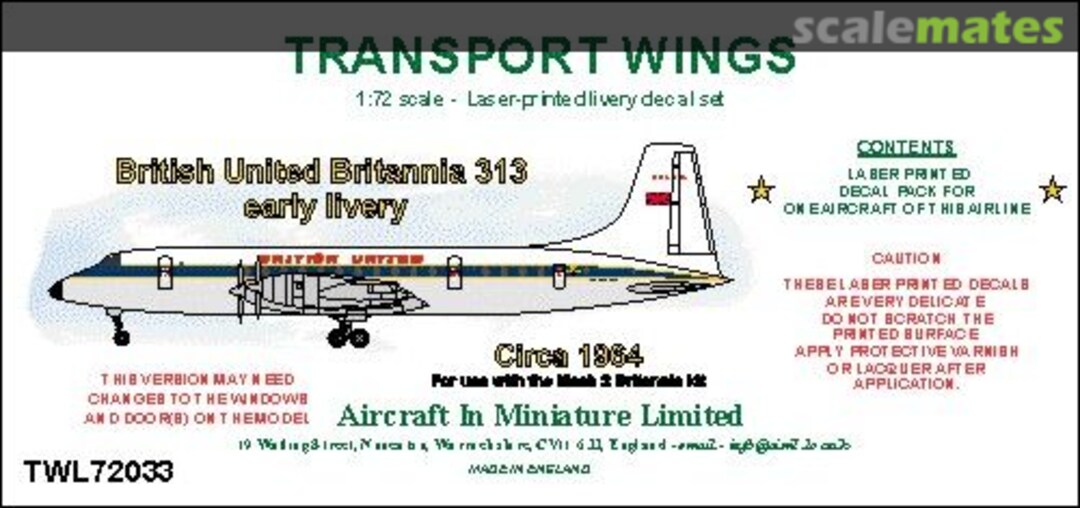 Boxart British United Bristol Britannia 317 (early livery circa 1964) decal set TWL72033 Aircraft In Miniature Ltd Boxart British United Bristol Britannia 317 (early livery circa 1964) decal set TWL72033 Aircraft In Miniature Ltd