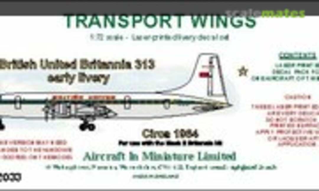 1:72 British United Bristol Britannia 317 (early livery circa 1964) decal set (Aircraft In Miniature Ltd TWL72033) TWL72033