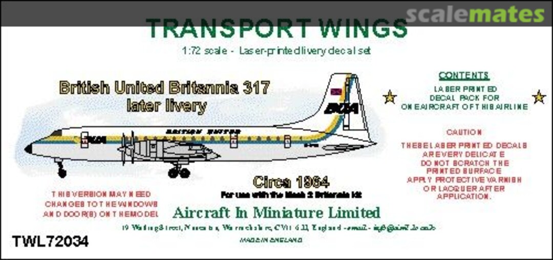 Boxart British United Bristol Britannia 317 (later livery circa 1968) decal set TWL72034 Aircraft In Miniature Ltd Boxart British United Bristol Britannia 317 (later livery circa 1968) decal set TWL72034 Aircraft In Miniature Ltd