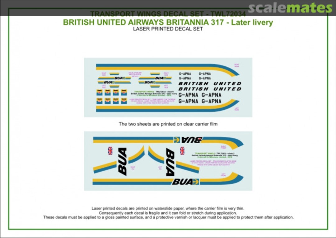 Contents British United Bristol Britannia 317 (later livery circa 1968) decal set TWL72034 Aircraft In Miniature Ltd Contents British United Bristol Britannia 317 (later livery circa 1968) decal set TWL72034 Aircraft In Miniature Ltd