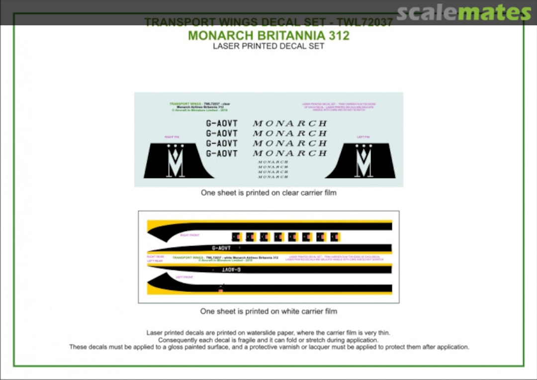 Contents Monarch Bristol Britannia 312 (circa 1963) decal set TWL72037 Aircraft In Miniature Ltd Contents Monarch Bristol Britannia 312 (circa 1963) decal set TWL72037 Aircraft In Miniature Ltd