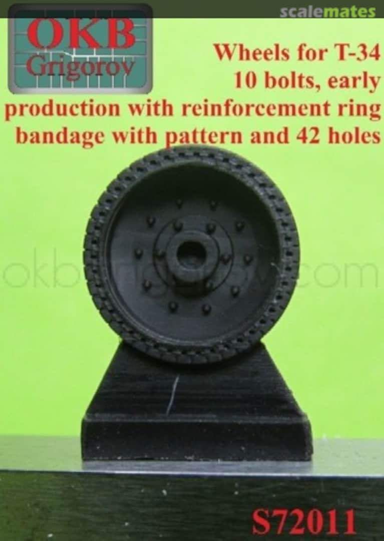 Boxart Wheels for T-34,10 bolts, early production with reinforcement ring, bandage with pattern and 42 apertures S72011 OKB Grigorov Boxart Wheels for T-34,10 bolts, early production with reinforcement ring, bandage with pattern and 42 apertures S72011 OKB Grigorov