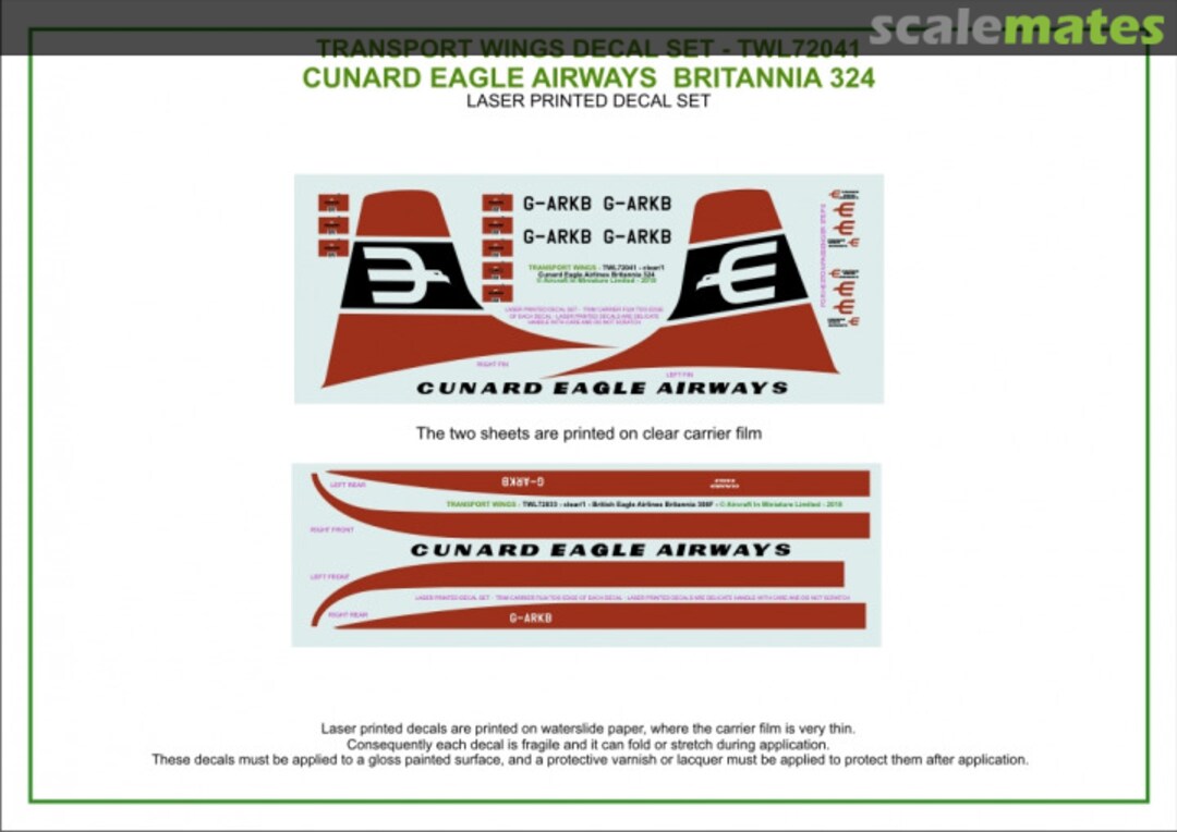 Contents Cunard Eagle Bristol Britannia 324 (circa 1963) decal set TWL72041 Aircraft In Miniature Ltd