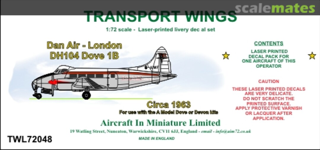 Boxart Dan Air - London de Havilland DH-104 Dove 1B, circa 1963, decal set TWL72048 Aircraft In Miniature Ltd