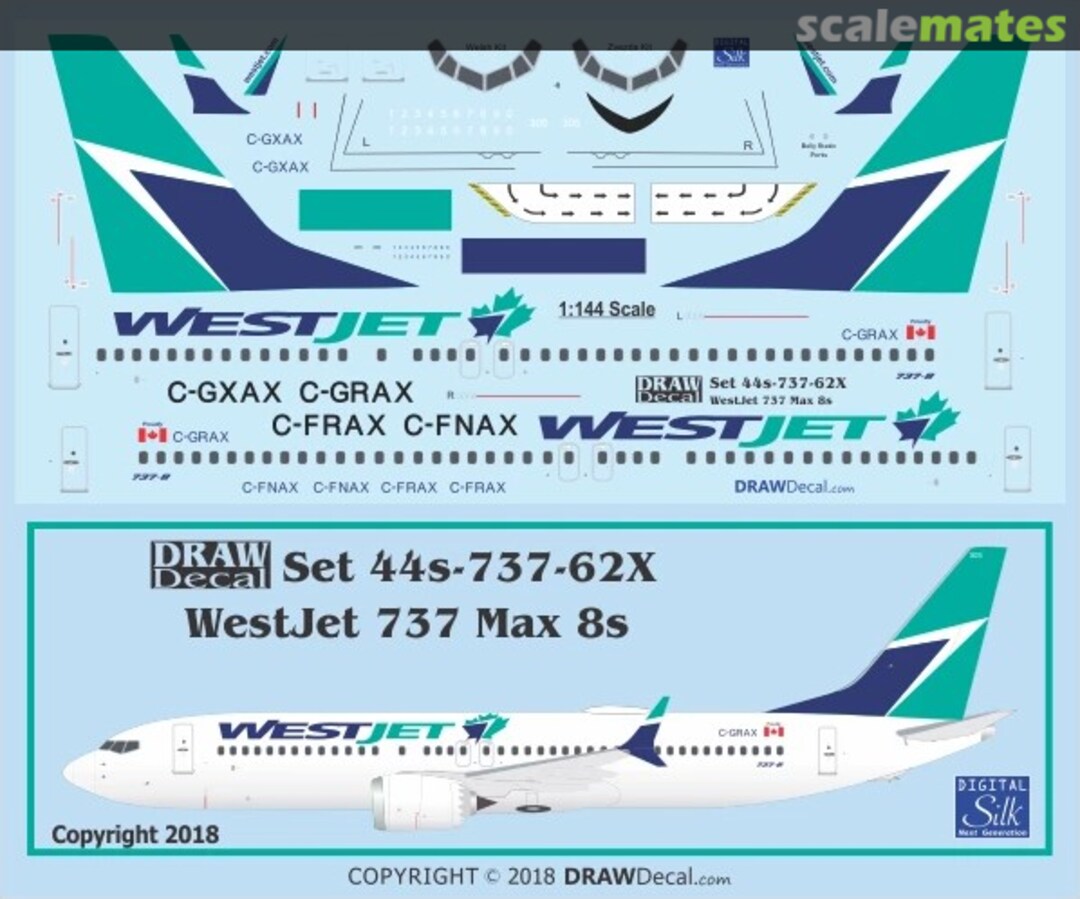 Boxart WestJet 737 Max 8s 44-737-62X Draw Decal Boxart WestJet 737 Max 8s 44-737-62X Draw Decal