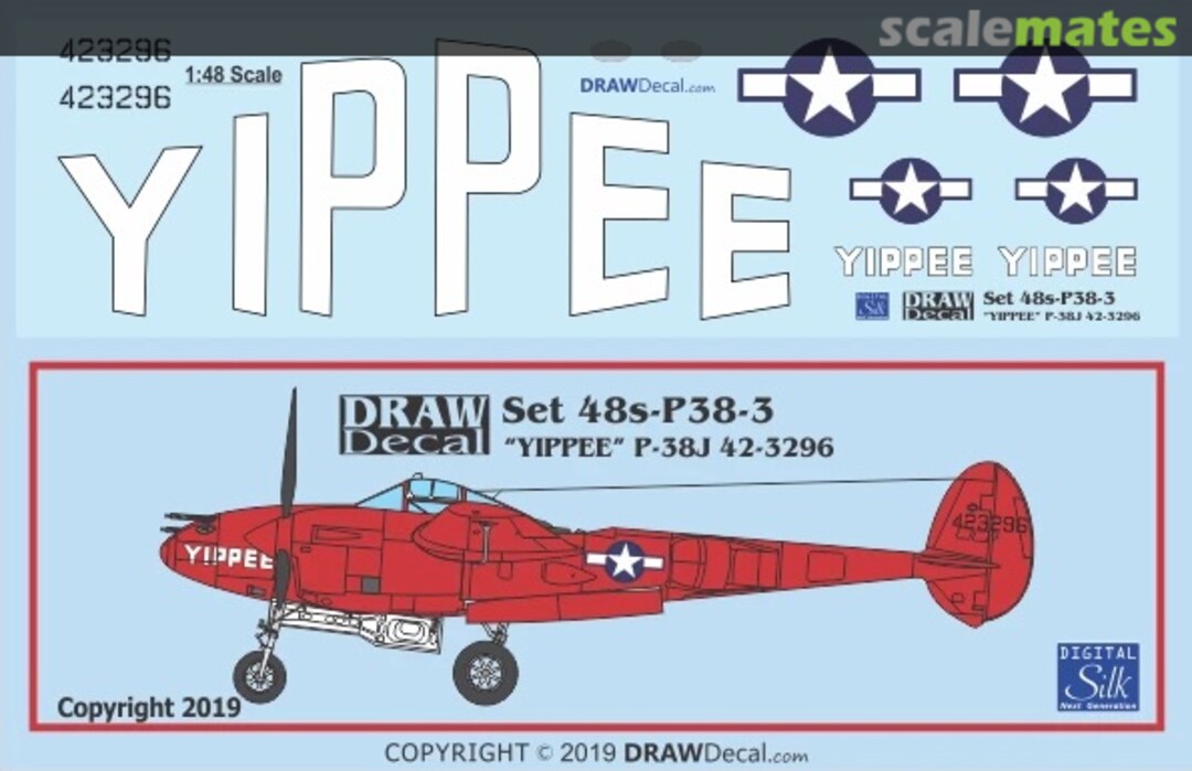 Boxart “YIPPEE” P-38J 42-3296 48-P38-3 Draw Decal Boxart “YIPPEE” P-38J 42-3296 48-P38-3 Draw Decal