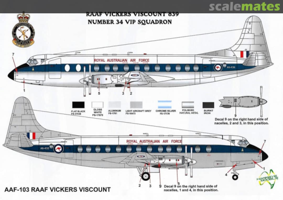 Boxart RAAF, Vickers Viscount 839, 34 Sqn. VIP Transport AAF-103 Hawkeye Models Boxart RAAF, Vickers Viscount 839, 34 Sqn. VIP Transport AAF-103 Hawkeye Models