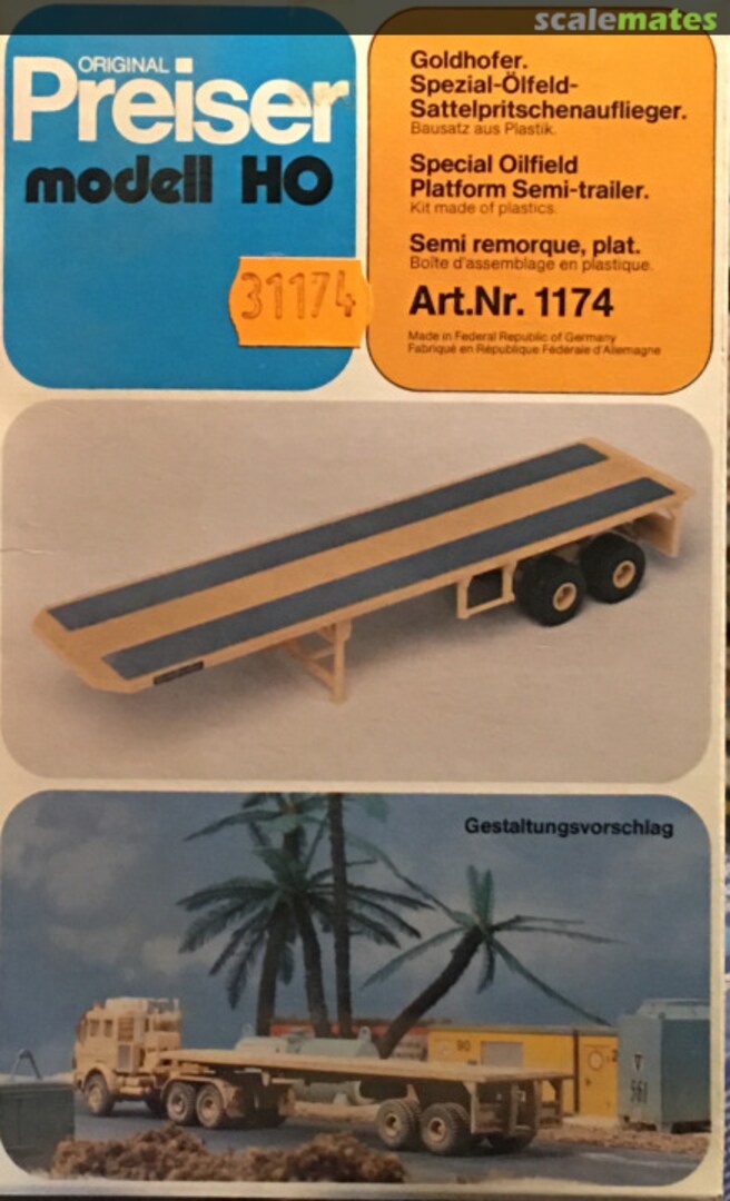 Boxart Goldhofer Spezial-Ölfeld-Sattelpritschenauflieger 31174 Preiser Boxart Goldhofer Spezial-Ölfeld-Sattelpritschenauflieger 31174 Preiser
