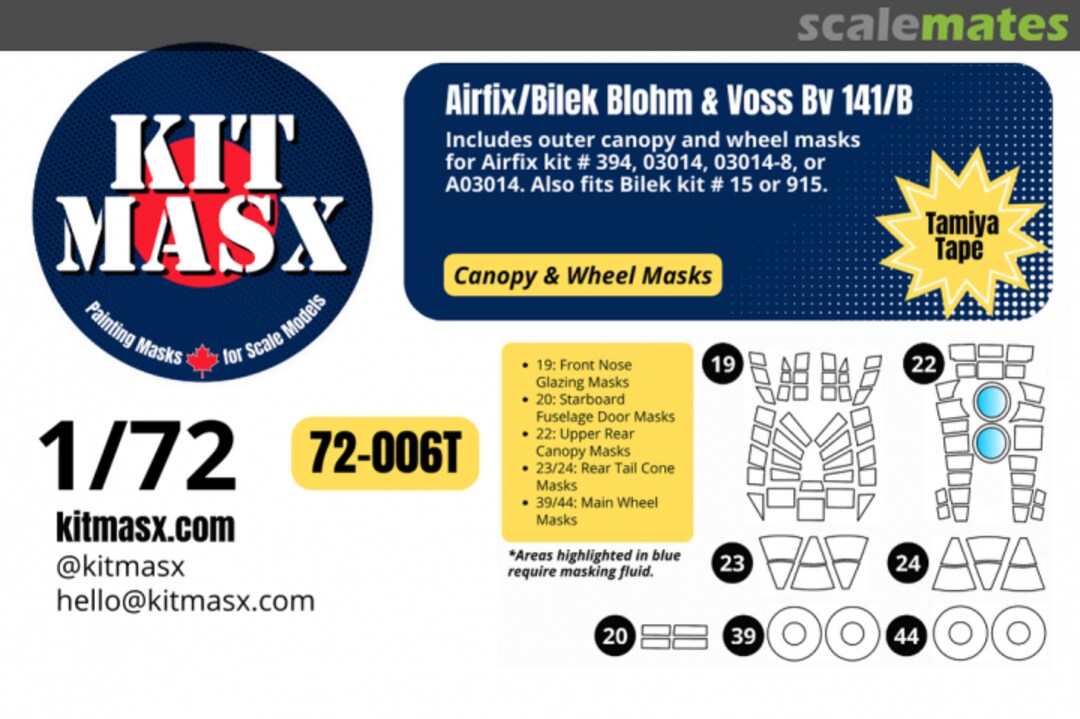 Boxart Blohm & Voss BV 141B, canopy & wheel masks 72-006T Kit Masx