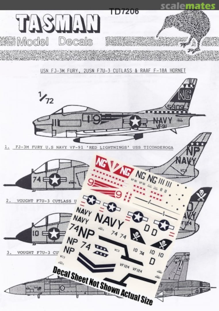 Boxart USN FJ-3M Fury; 2x USN F7U-3 Cutlass; RAAF F-18A Hornet V7206 Tasman Model Products