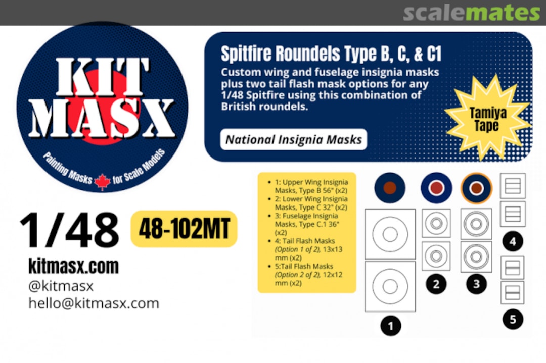 Boxart Spitfire Roundels Type B, C & C1, national insignia masks 48-102MT Kit Masx Boxart Spitfire Roundels Type B, C & C1, national insignia masks 48-102MT Kit Masx