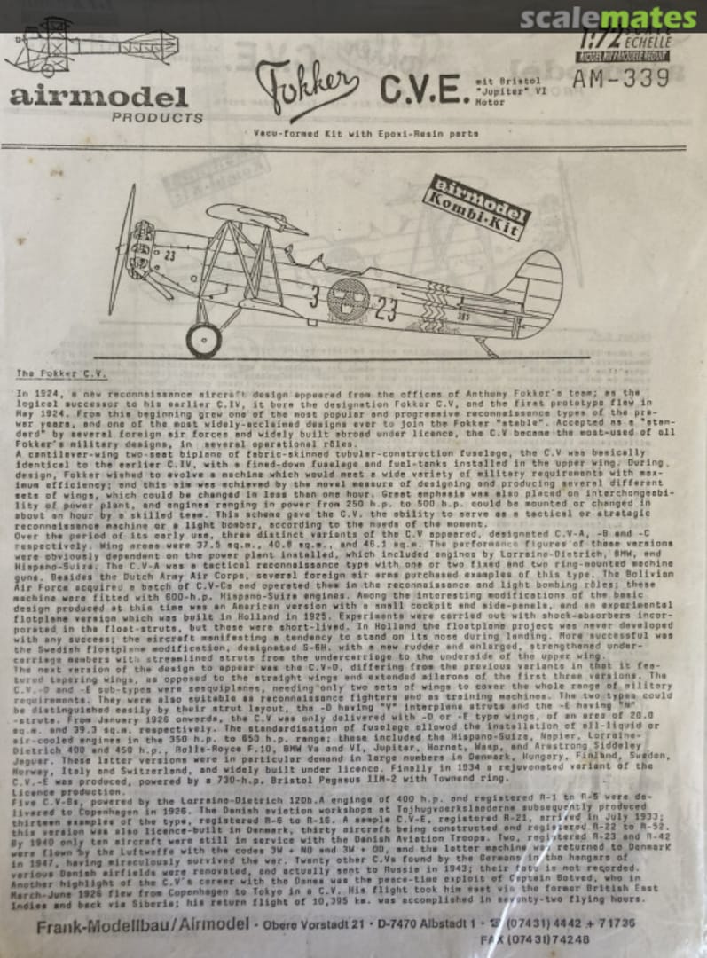 Boxart Fokker C.V.E. mit Jupiter VI Motor AM-339 Airmodel Boxart Fokker C.V.E. mit Jupiter VI Motor AM-339 Airmodel