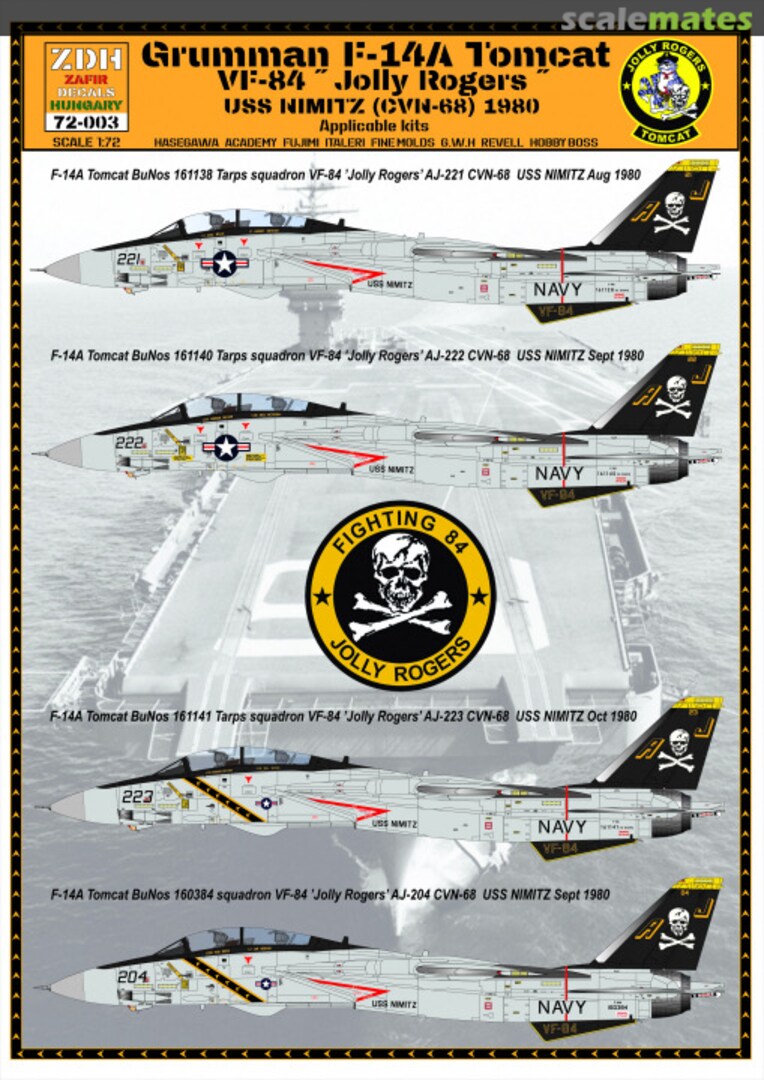 Boxart Grumman F-14A Tomcat VF-84 "Jolly Rogers" CVN-68 USS Nimitz 1980 72-003 ZDH Decals Boxart Grumman F-14A Tomcat VF-84 "Jolly Rogers" CVN-68 USS Nimitz 1980 72-003 ZDH Decals