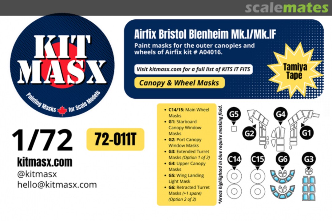 Boxart Bristol Blenheim Mk.I, Mk.IF, canopy & wheel masks 72-011T Kit Masx Boxart Bristol Blenheim Mk.I, Mk.IF, canopy & wheel masks 72-011T Kit Masx