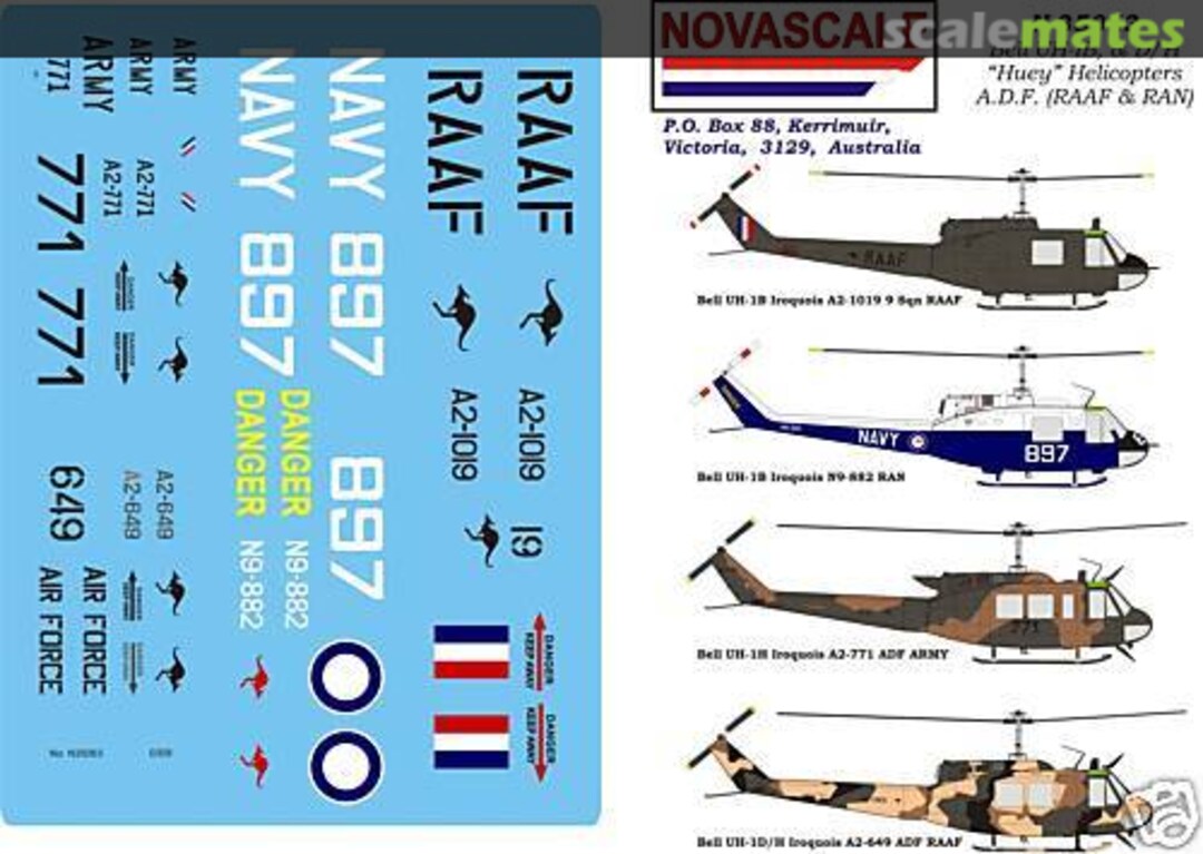 Boxart Bell UH-1B &D/H "Huey" Helicopters A.D.F. (RAAF & RAN) N-35063 Novascale Boxart Bell UH-1B &D/H "Huey" Helicopters A.D.F. (RAAF & RAN) N-35063 Novascale