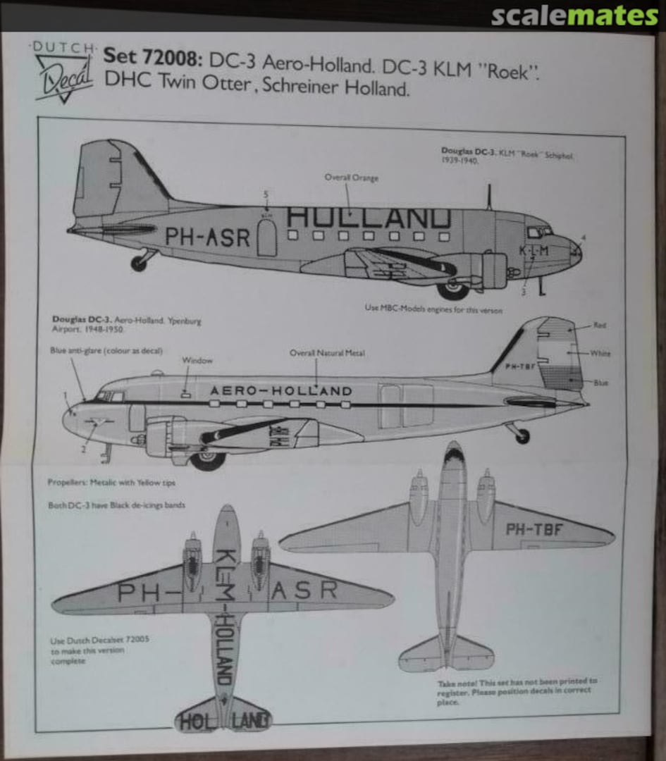 Boxart DC-3 Aero Holland. DC-3 KLM "Roek". DHC Twin Otter , Schreiner Holland. 72008 Dutch Decal Boxart DC-3 Aero Holland. DC-3 KLM "Roek". DHC Twin Otter , Schreiner Holland. 72008 Dutch Decal