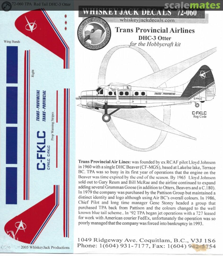 Boxart Trans Provincial Airlines DHC-3 Otter 72-060 Whiskey Jack Decals Boxart Trans Provincial Airlines DHC-3 Otter 72-060 Whiskey Jack Decals