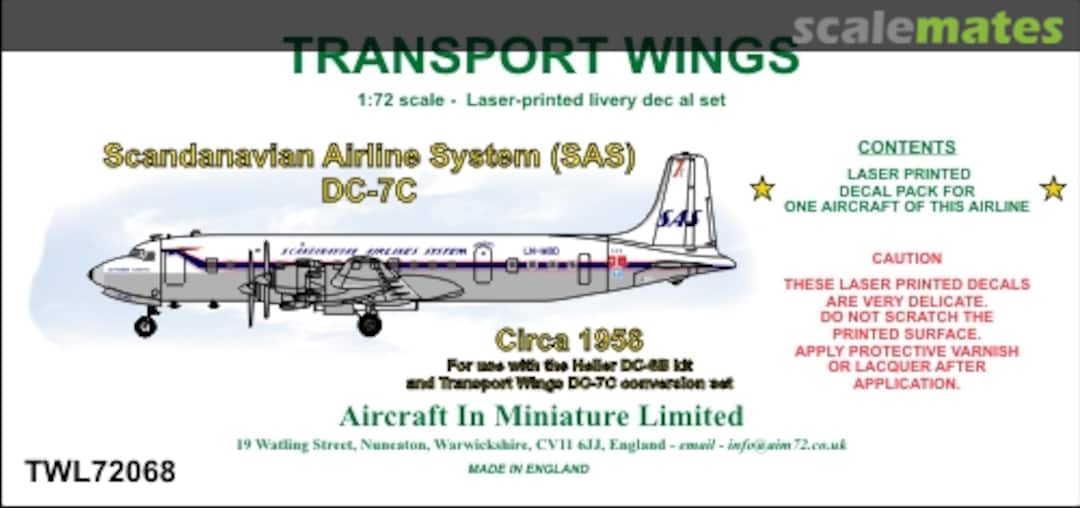 Boxart Scandinavian Airline System (SAS) Douglas DC-7C (circa 1958) TWL72068 Aircraft In Miniature Ltd