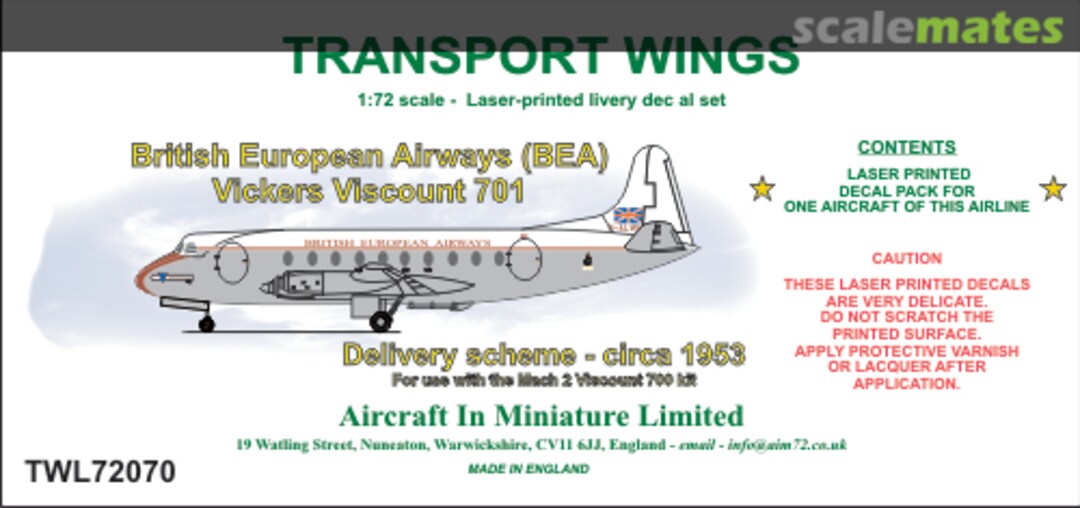 Boxart British European Airways (BEA) Vickers Viscount 701 - Delivery scheme - circa 1953 decal set TWL72070 Aircraft In Miniature Ltd Boxart British European Airways (BEA) Vickers Viscount 701 - Delivery scheme - circa 1953 decal set TWL72070 Aircraft In Miniature Ltd