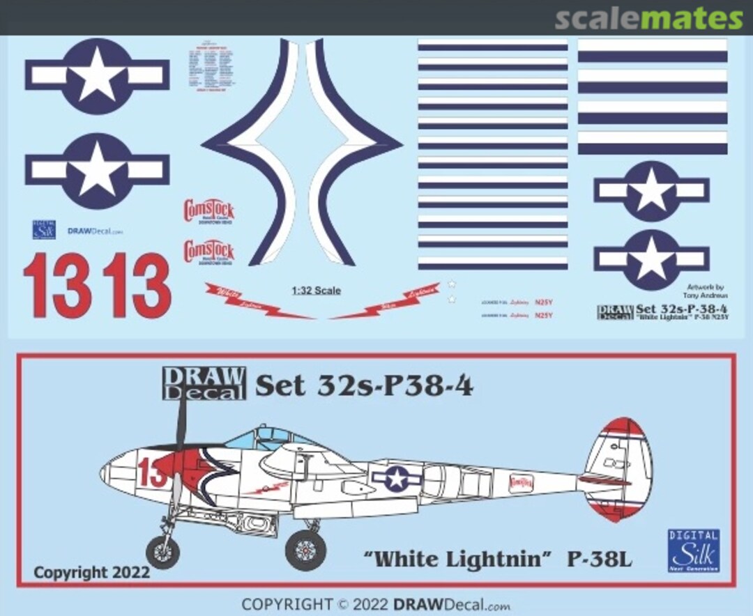 Boxart “White Lightnin” P-38L 32-P38-4 Draw Decal Boxart “White Lightnin” P-38L 32-P38-4 Draw Decal