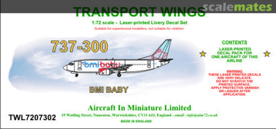 Boxart Boeing 737-300 decal set - BMI Baby. TWL7207302 Aircraft In Miniature Ltd Boxart Boeing 737-300 decal set - BMI Baby. TWL7207302 Aircraft In Miniature Ltd