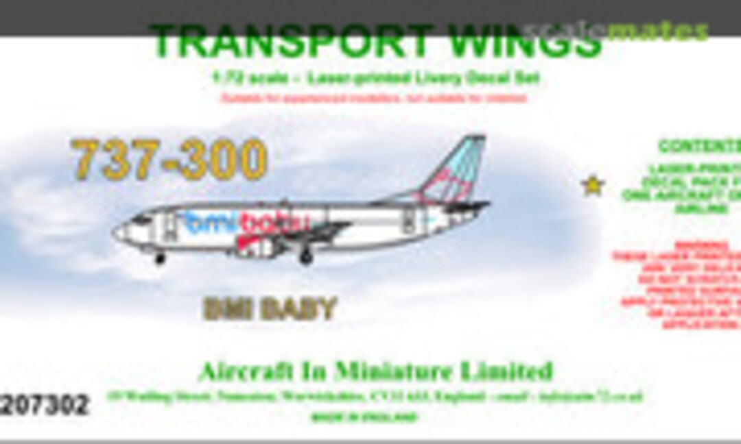 1:72 Boeing 737-300 decal set - BMI Baby. (Aircraft In Miniature Ltd TWL7207302) TWL7207302