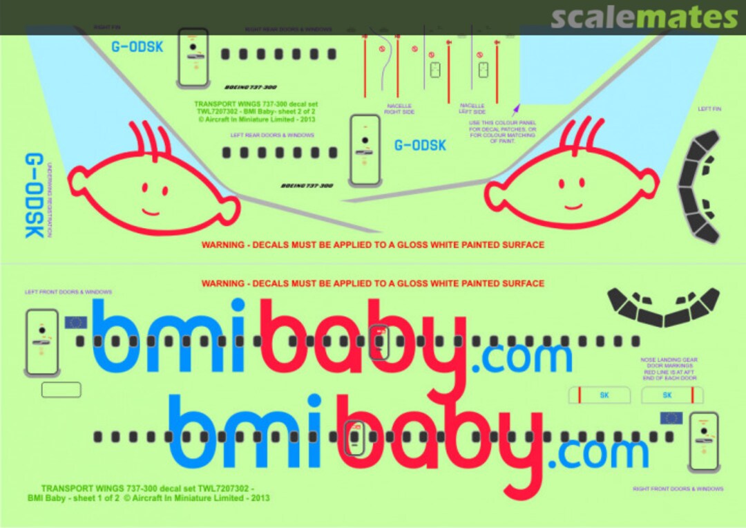 Contents Boeing 737-300 decal set - BMI Baby. TWL7207302 Aircraft In Miniature Ltd Contents Boeing 737-300 decal set - BMI Baby. TWL7207302 Aircraft In Miniature Ltd