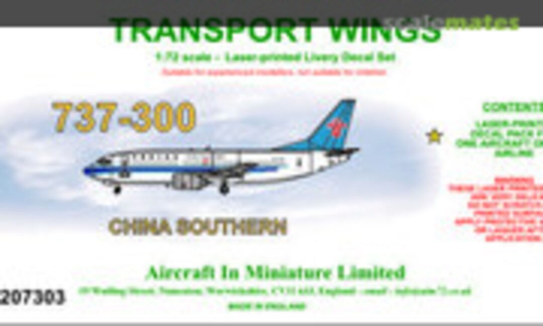 1:72 Boeing 737-300 decal set - China Southern (Aircraft In Miniature Ltd TWL7207303) TWL7207303