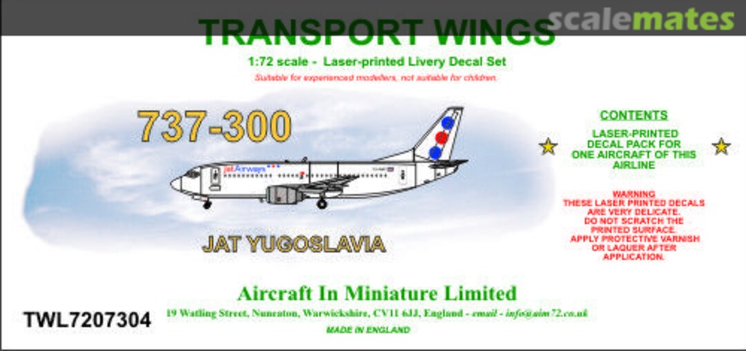 Boxart Boeing 737-300 decal set - JAT Airways TWL7207304 Aircraft In Miniature Ltd Boxart Boeing 737-300 decal set - JAT Airways TWL7207304 Aircraft In Miniature Ltd