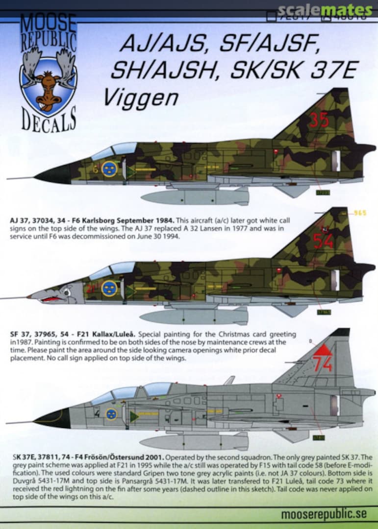 Boxart AJ/AJS, SF/AJSF, SH/AJSH, SK/SK 37E Viggen 48010 Moose Republic Decals Boxart AJ/AJS, SF/AJSF, SH/AJSH, SK/SK 37E Viggen 48010 Moose Republic Decals