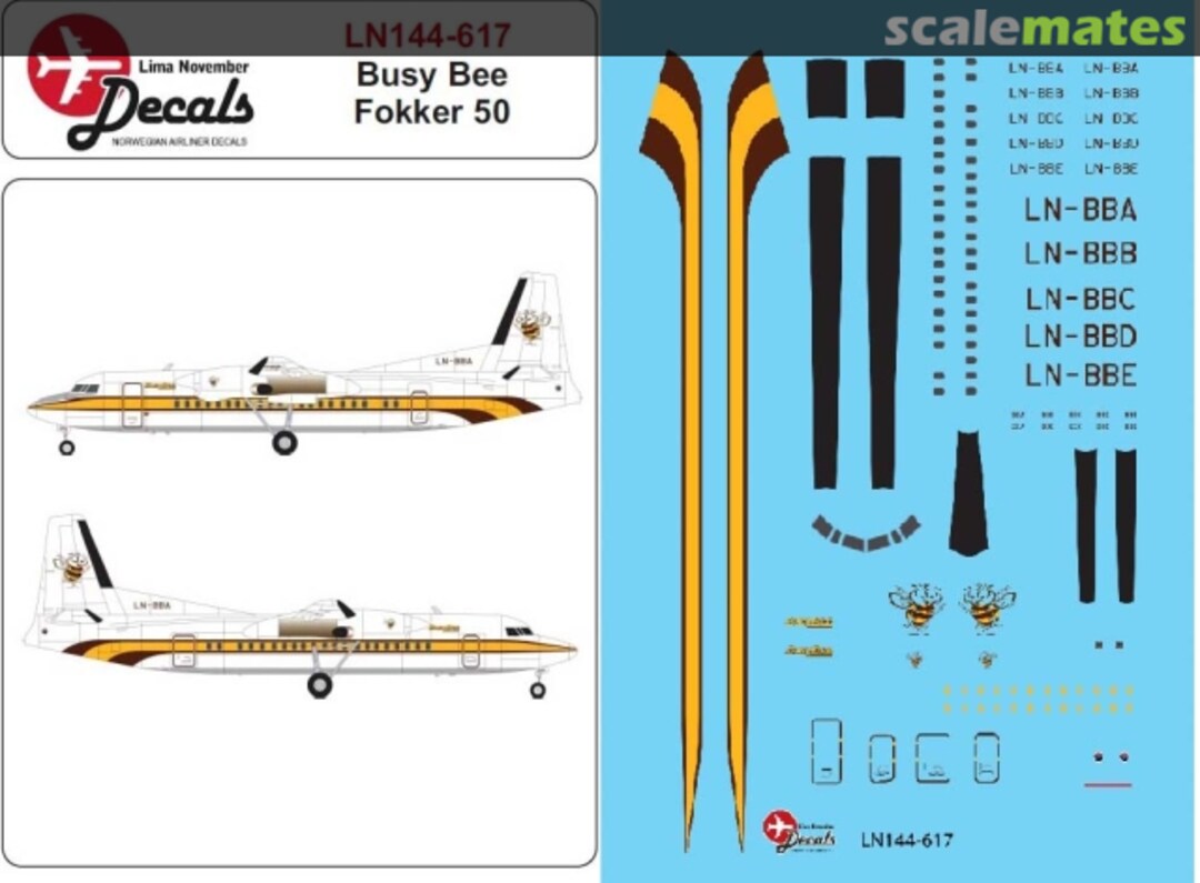 Boxart Busy Bee colour scheme Fokker 50 LN144-617 Lima November Decals Boxart Busy Bee colour scheme Fokker 50 LN144-617 Lima November Decals