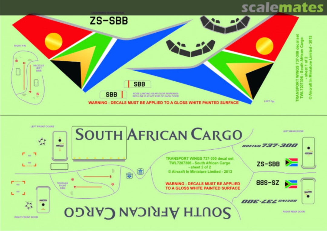 Contents Boeing 737-300F decal set - South African Cargo. TWL7207306 Aircraft In Miniature Ltd Contents Boeing 737-300F decal set - South African Cargo. TWL7207306 Aircraft In Miniature Ltd