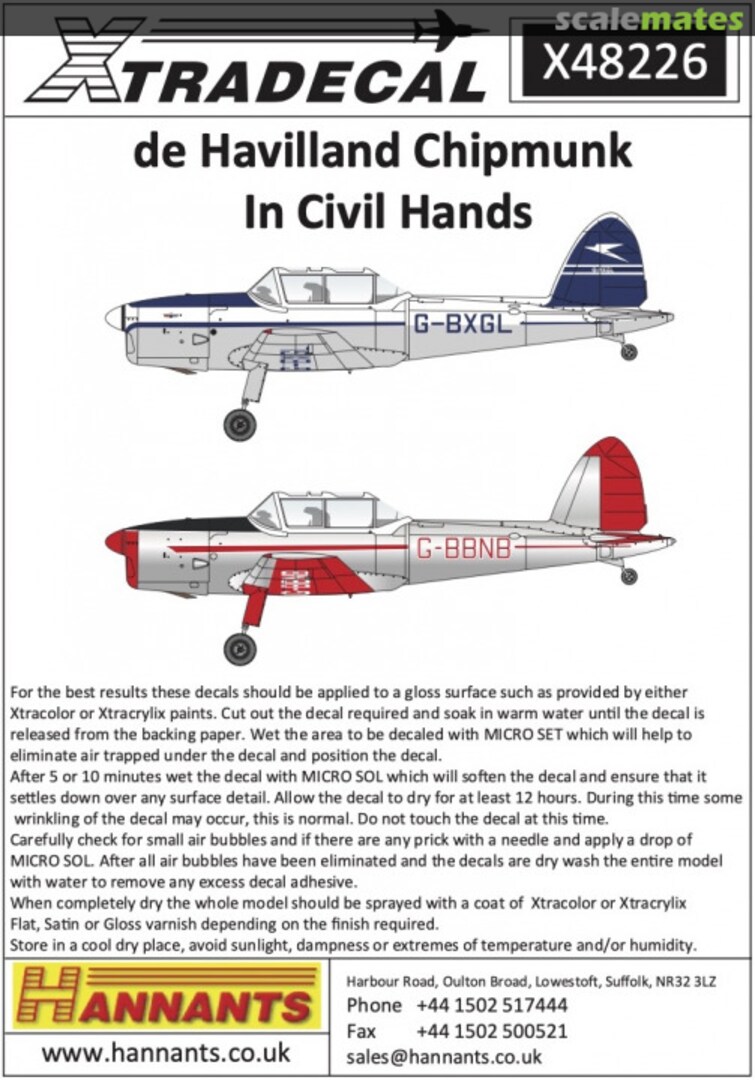 Boxart de Havilland Chipmunk In Civil Hands (6) X48226 Xtradecal Boxart de Havilland Chipmunk In Civil Hands (6) X48226 Xtradecal